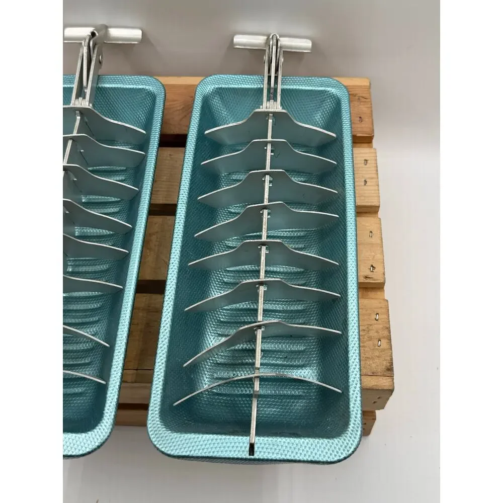 Vintage Metallic Blue Aluminum Ice Cube Trays with Levers - Pair of 2